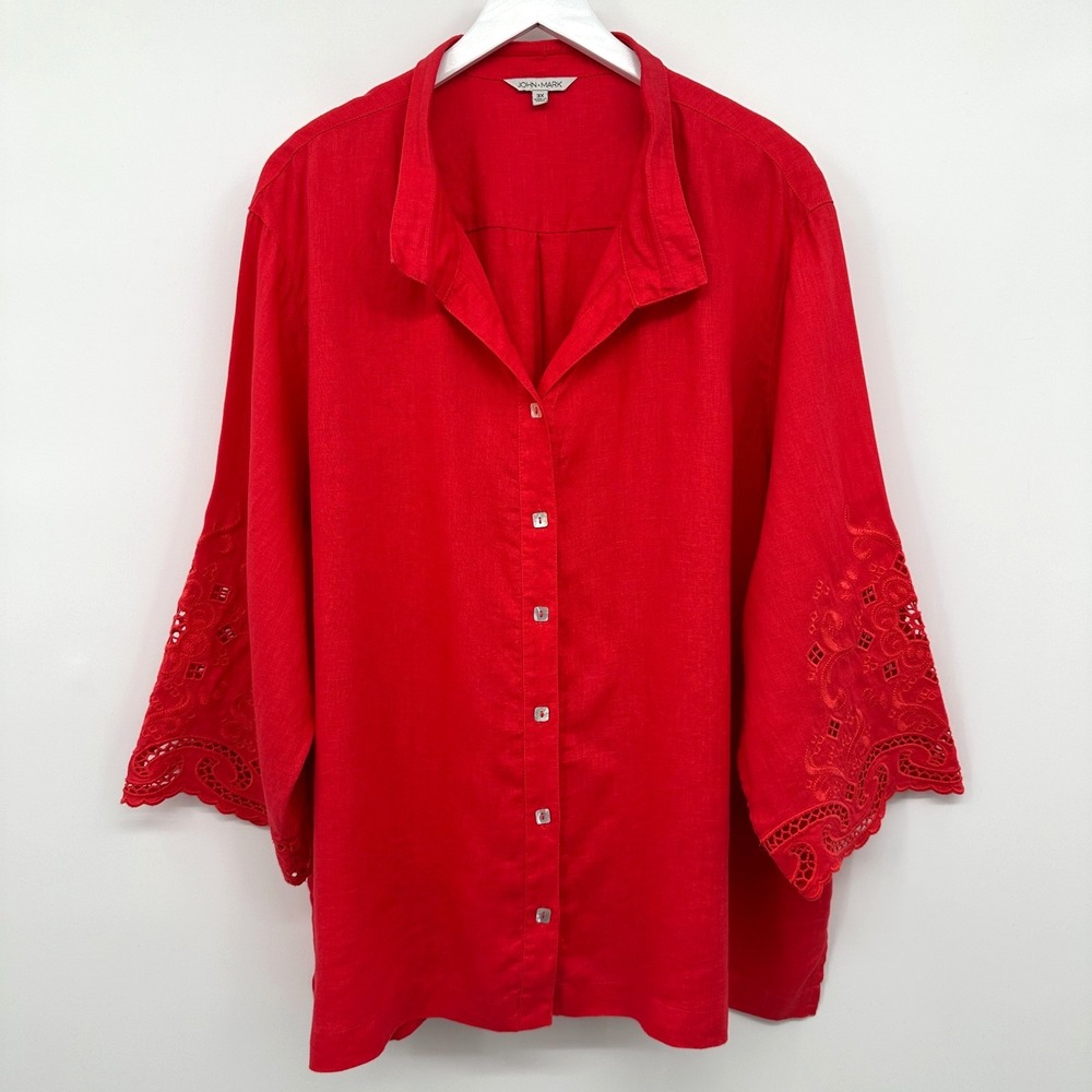 John Mark‎ Tunic Top Shirt Size 3X Red Embroidered 100% Linen 3/4 Sleeves